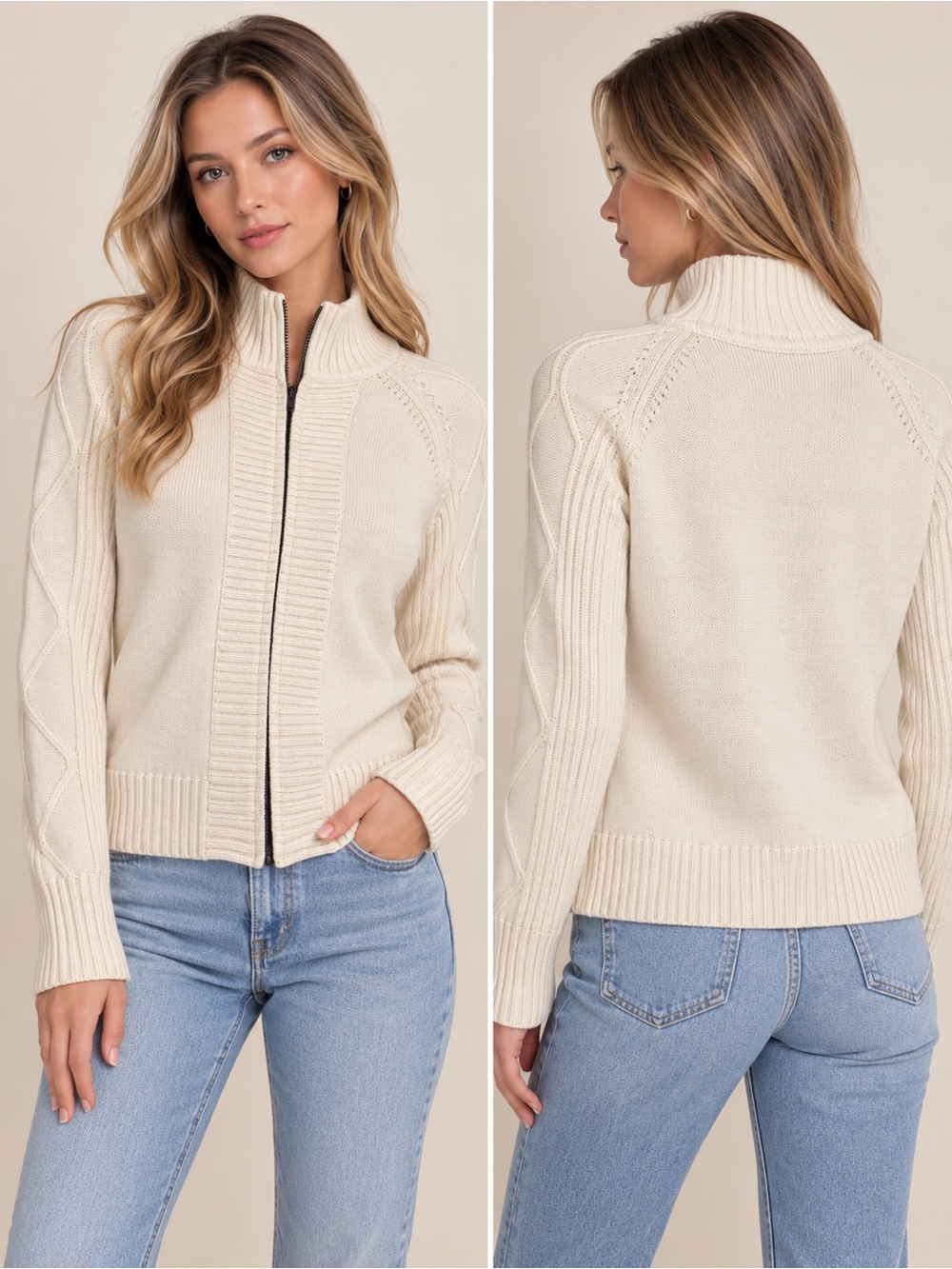 Zip-Front Cream Knit Zip Cardigan Sweater